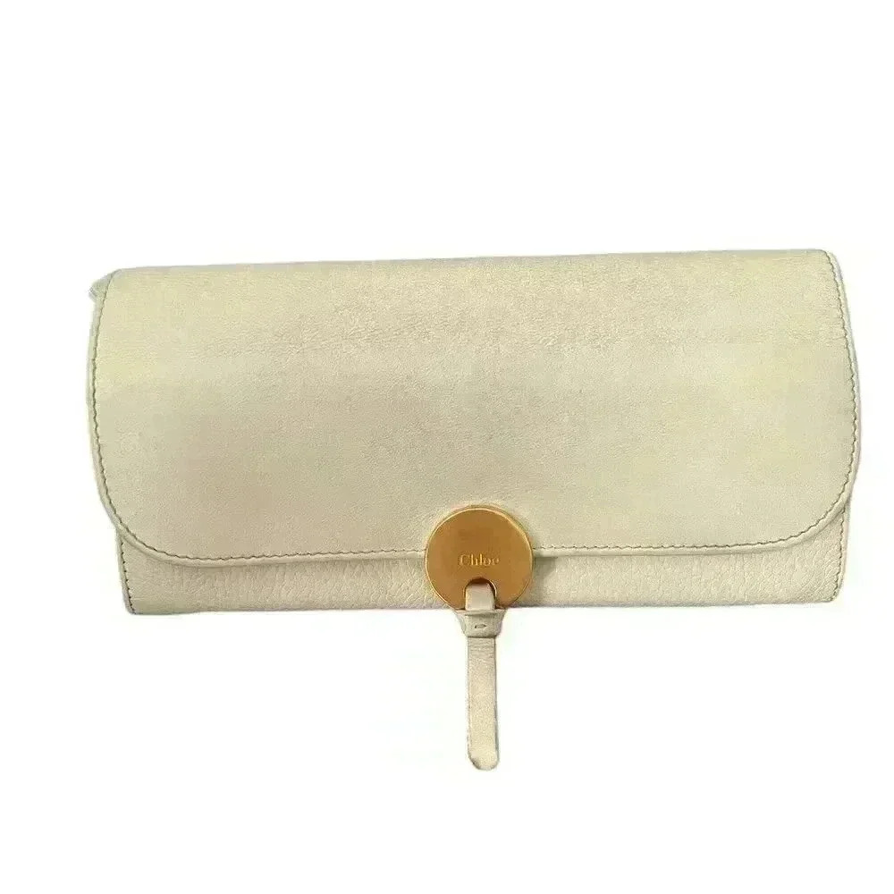 Chloé Beige Cream Leather Continental Flap Wallet Gold Logo